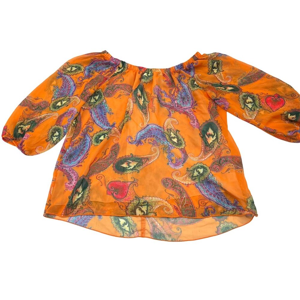 Sweet Pea By Stacy Frati Orange Paisley Sheer Blouse M Elastic Neck & Sleeves